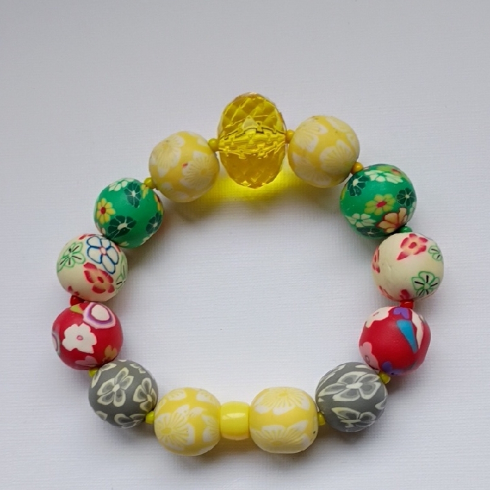 Handcrafted Bold Floral Multicolor Beaded Stretch Bracelet Sunny Colorful